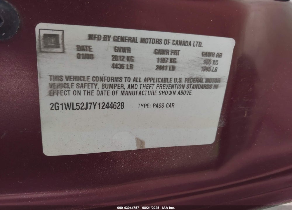 2000 CHEVROLET LUMINA VIN: 2G1WL52J7Y1244628