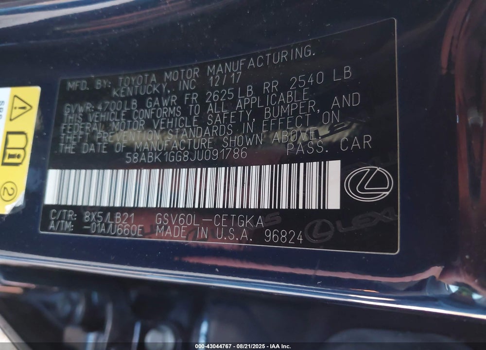 2018 LEXUS ES 350 VIN: 58ABK1GG8JU091786