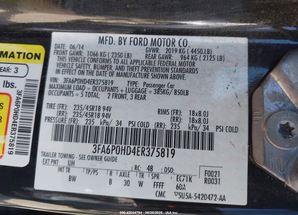 2014 FORD FUSION VIN: 3FA6P0HD4ER375819