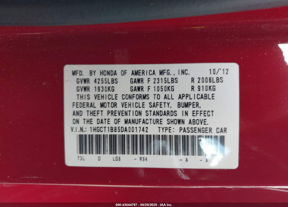 2013 HONDA ACCORD VIN: 1HGCT1B85DA001742