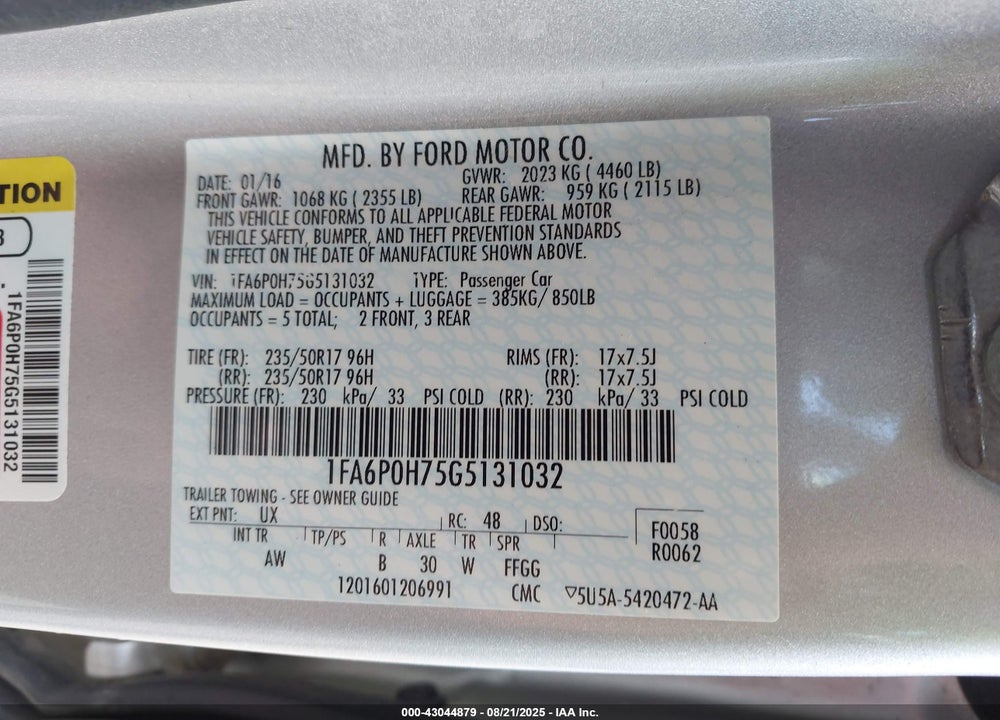 2016 FORD FUSION VIN: 1FA6P0H75G5131032