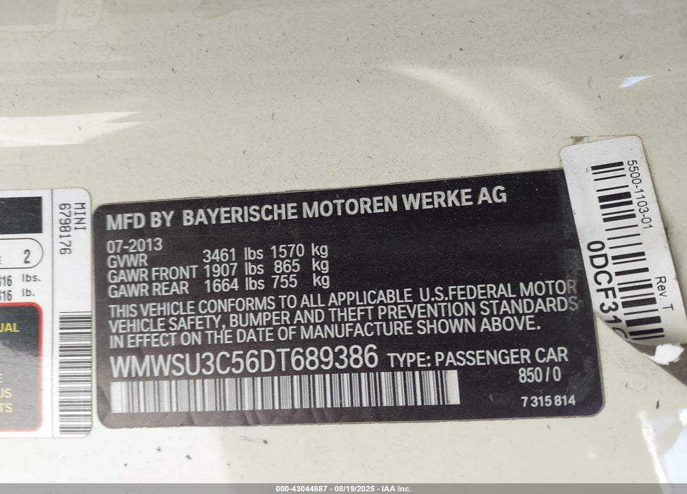 2013 MINI HARDTOP COOPER VIN: WMWSU3C56DT689386