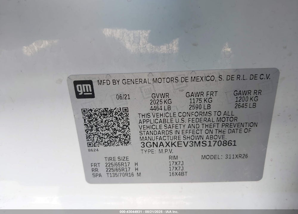 2021 CHEVROLET EQUINOX VIN: 3GNAXKEV3MS170861