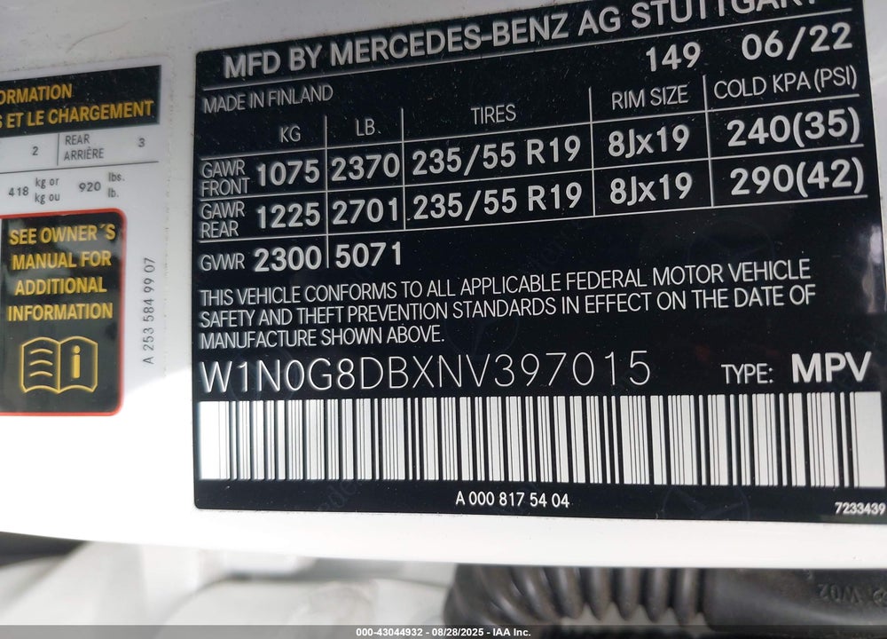 2022 MERCEDES-BENZ GLC 300 VIN: W1N0G8DBXNV397015