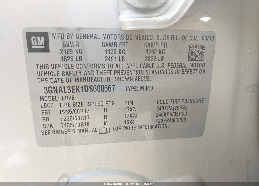 2013 CHEVROLET CAPTIVA SPORT VIN: 3GNAL3EK1DS600667