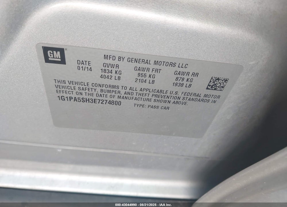 2014 CHEVROLET CRUZE VIN: 1G1PA5SH3E7274800