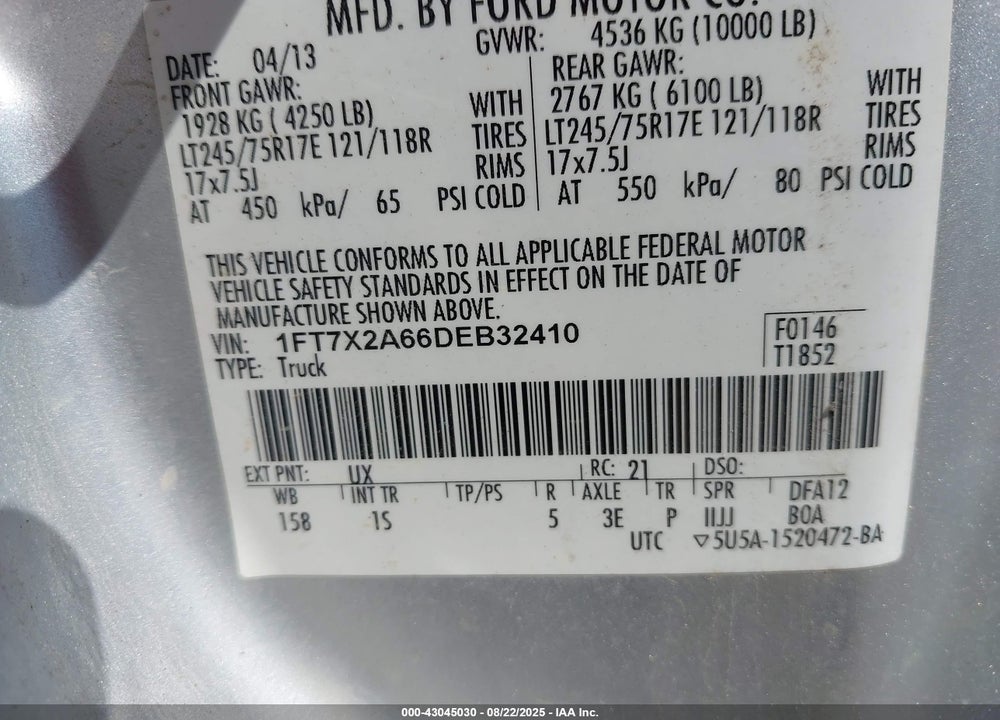 2013 FORD F-250 VIN: 1FT7X2A66DEB32410