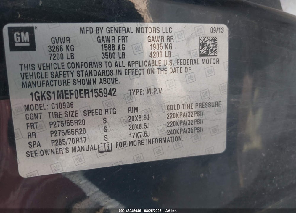 2014 GMC YUKON XL 1500 DENALI VIN: 1GKS1MEF0ER155942