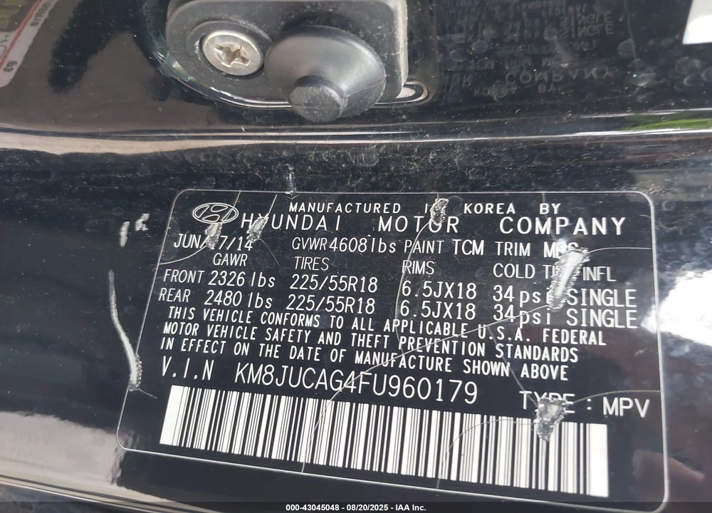 2015 HYUNDAI TUCSON VIN: KM8JUCAG4FU960179