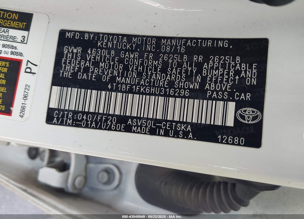 2017 TOYOTA CAMRY VIN: 4T1BF1FK6HU316296