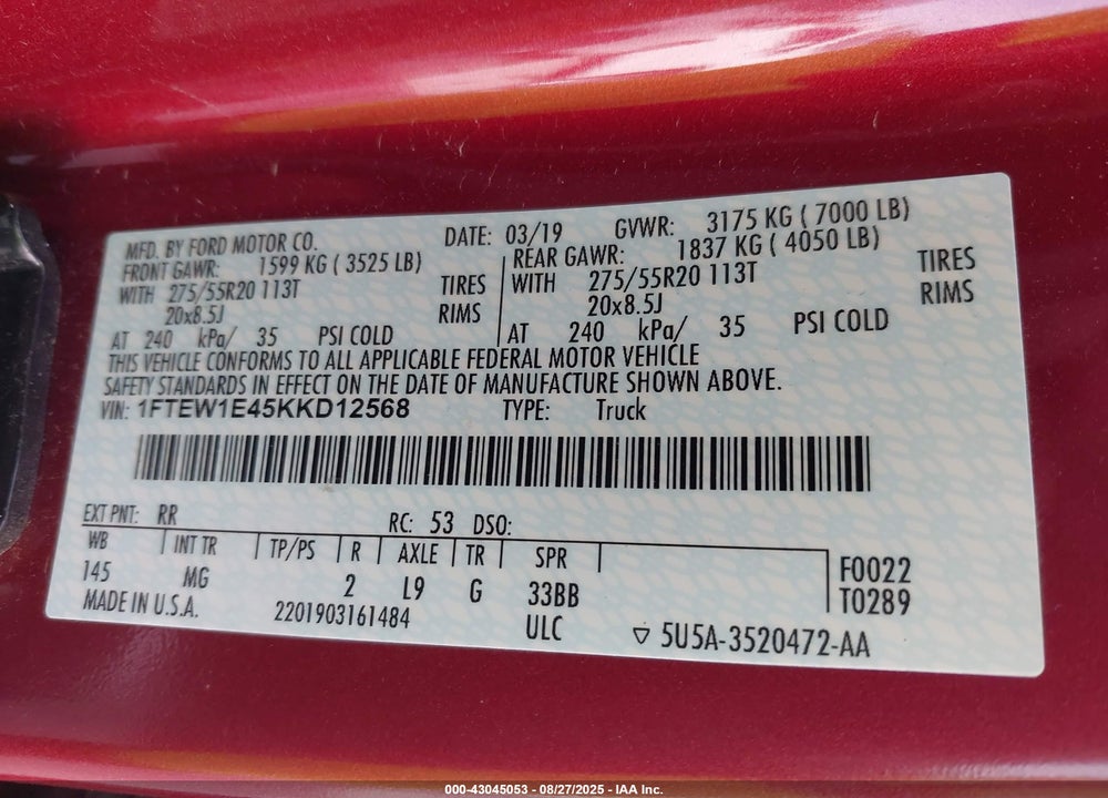 2019 FORD F-150 VIN: 1FTEW1E45KKD12568