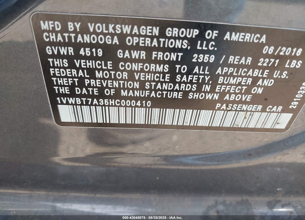 2017 VOLKSWAGEN PASSAT VIN: 1VWBT7A35HC000410