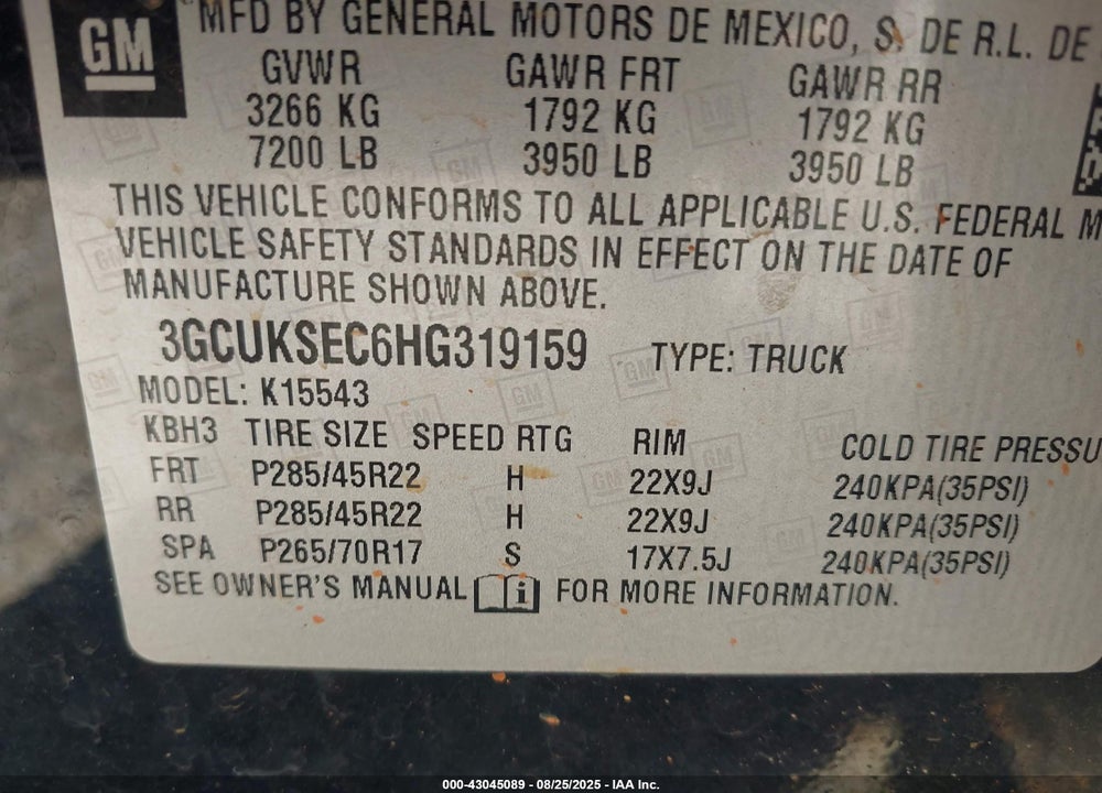 2017 CHEVROLET SILVERADO 1500 VIN: 3GCUKSEC6HG319159
