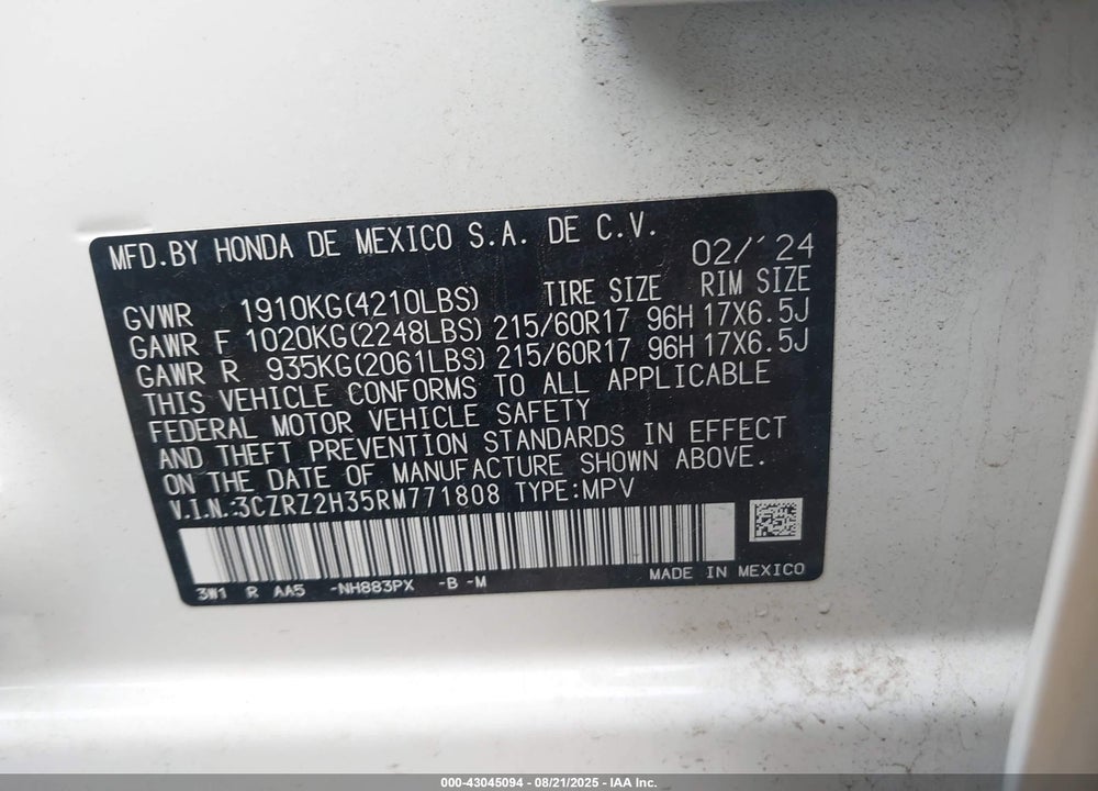 2024 HONDA HR-V VIN: 3CZRZ2H35RM771808
