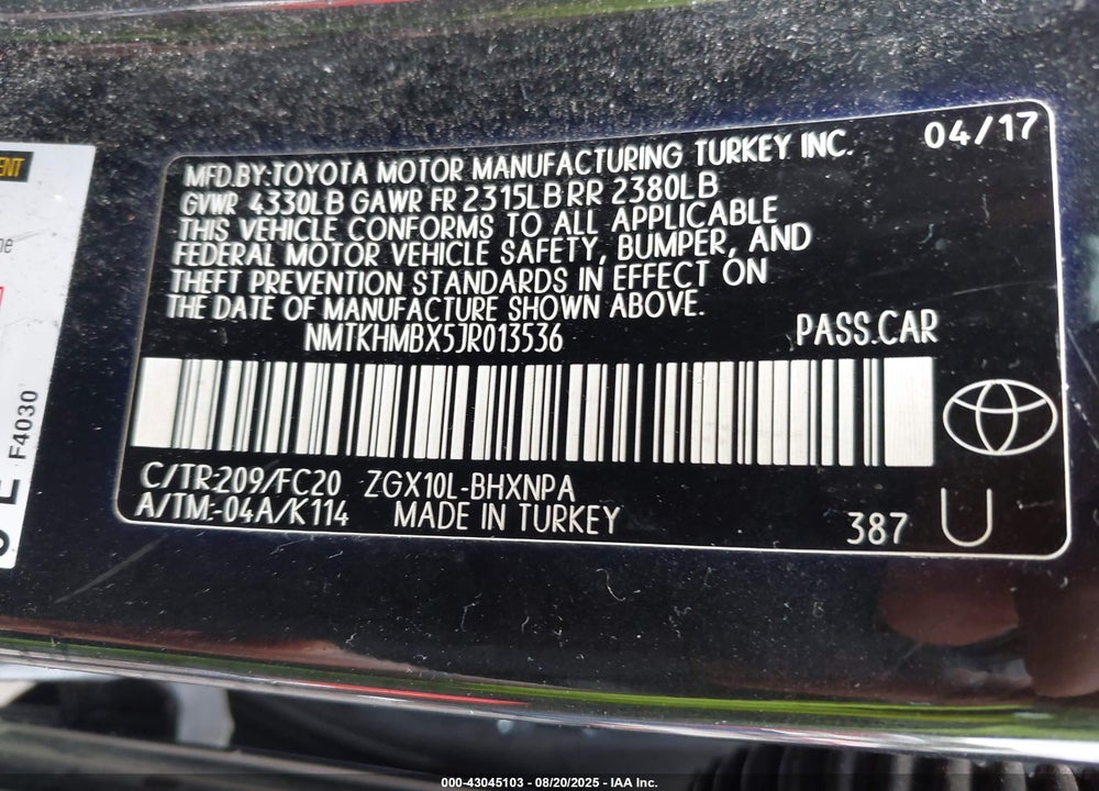 2018 TOYOTA C-HR XLE PREMIUM VIN: NMTKHMBX5JR013536