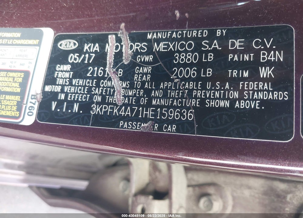 2017 KIA FORTE LX VIN: 3KPFK4A71HE159636