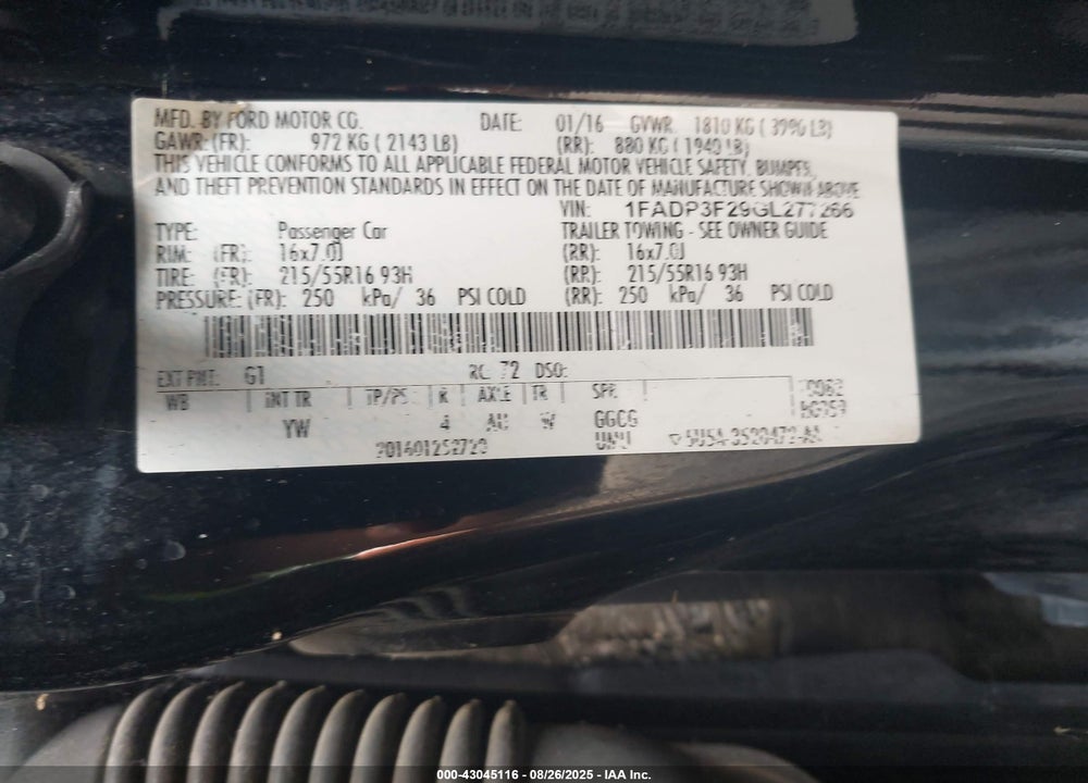 2016 FORD FOCUS VIN: 1FADP3F29GL277266