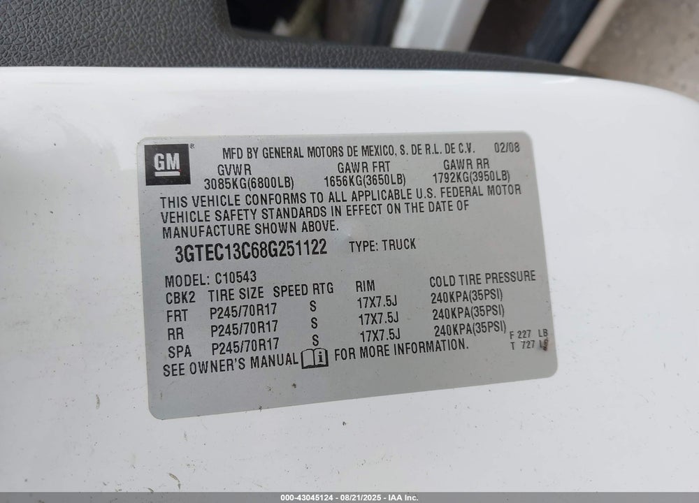 2008 GMC SIERRA 1500 VIN: 3GTEC13C68G251122