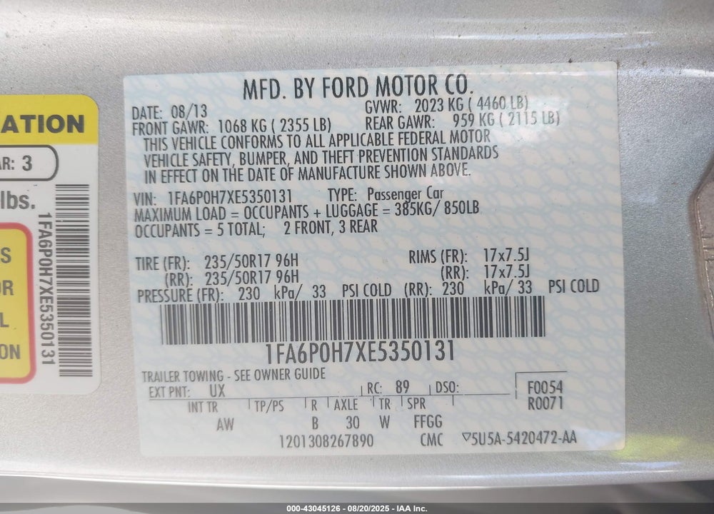 2014 FORD FUSION VIN: 1FA6P0H7XE5350131