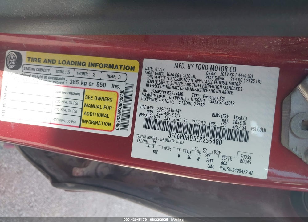 2014 FORD FUSION SE VIN: 3FA6P0HD5ER255480