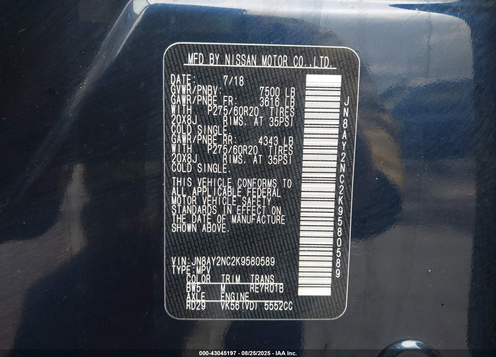 2019 NISSAN ARMADA VIN: JN8AY2NC2K9580589