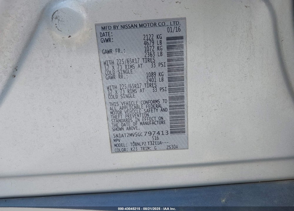 2016 NISSAN ROGUE VIN: 5N1AT2MV5GC797413
