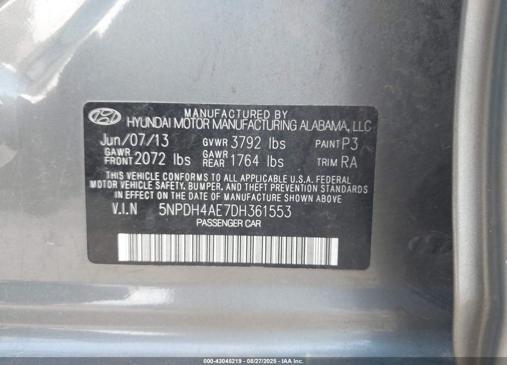 2013 HYUNDAI ELANTRA VIN: 5NPDH4AE7DH361553