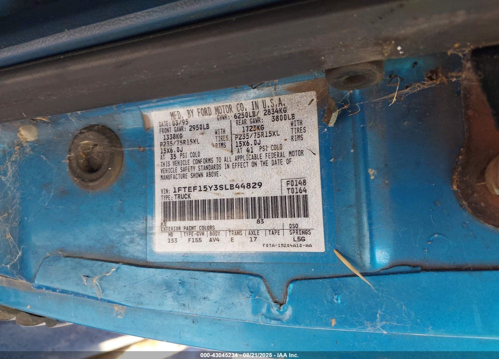 1995 FORD F150 VIN: 1FTEF15Y3SLB44829