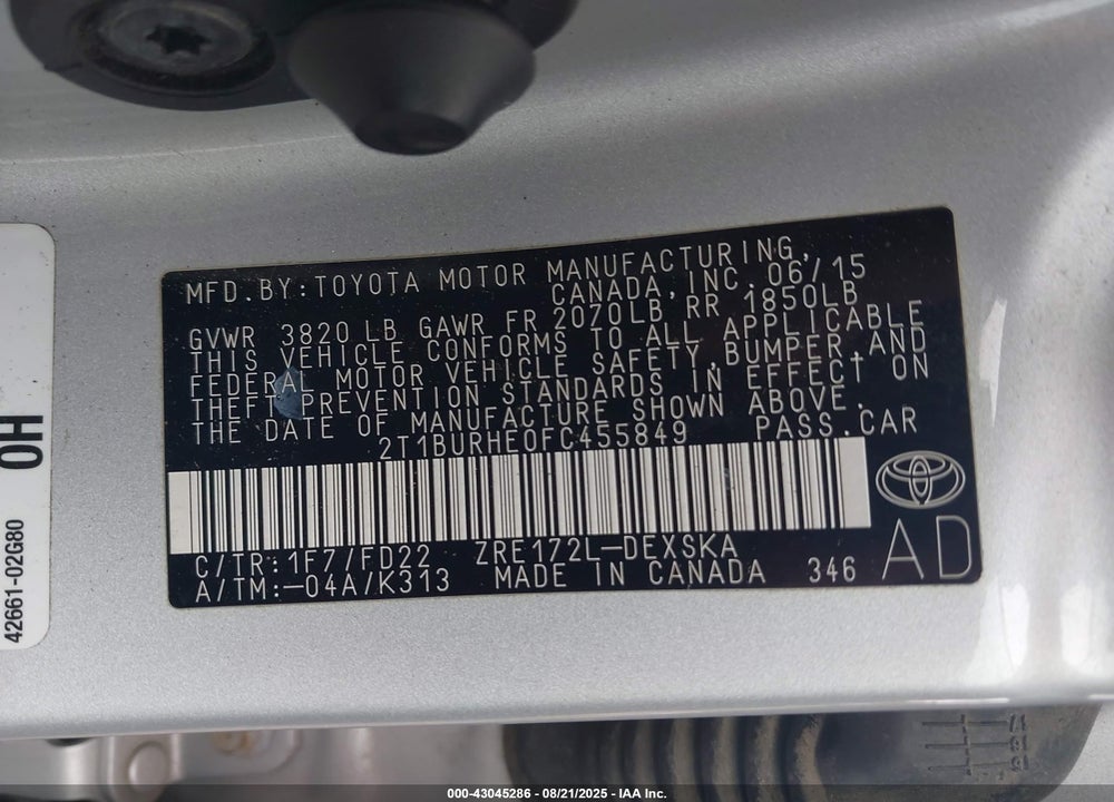 2015 TOYOTA COROLLA VIN: 2T1BURHE0FC455849