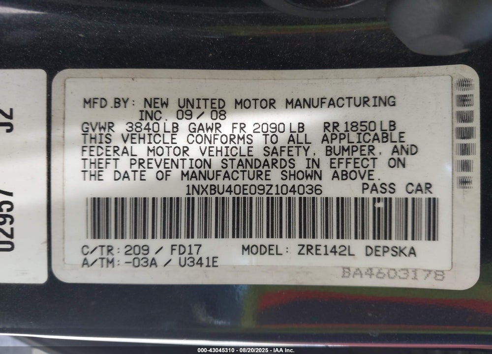 2009 TOYOTA COROLLA VIN: 1NXBU40E09Z104036