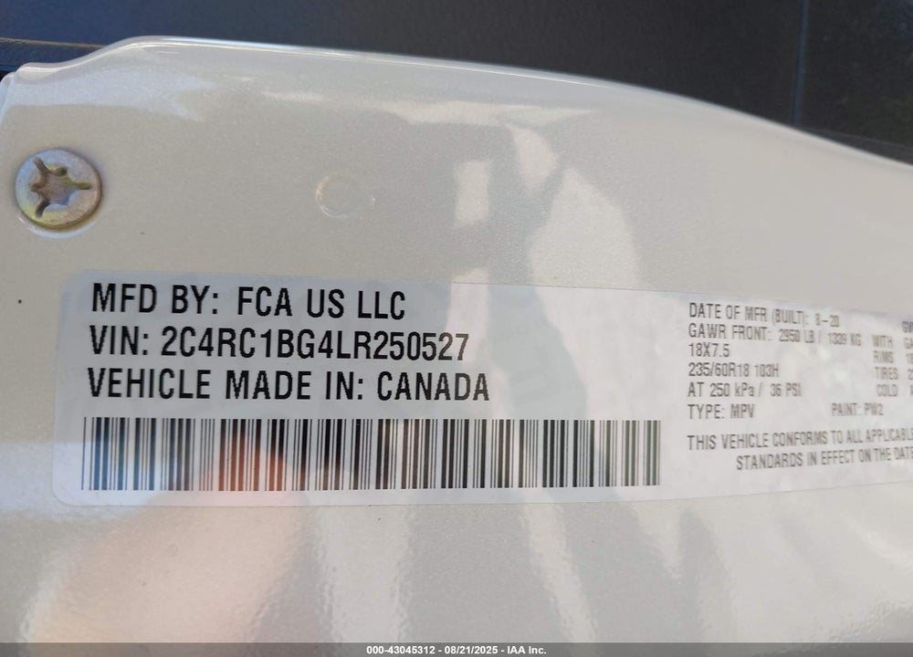 2020 CHRYSLER PACIFICA TOURING L VIN: 2C4RC1BG4LR250527