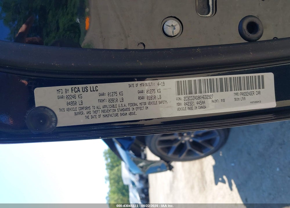 2019 DODGE CHALLENGER VIN: 2C3CDZAG8KH632927
