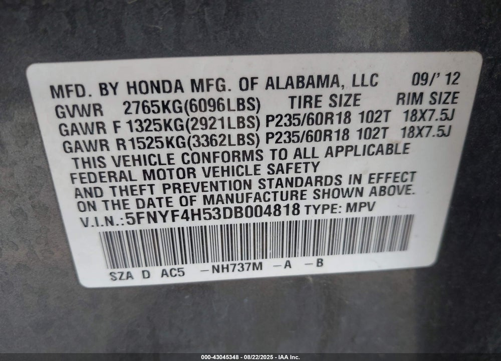 2013 HONDA PILOT VIN: 5FNYF4H53DB004818