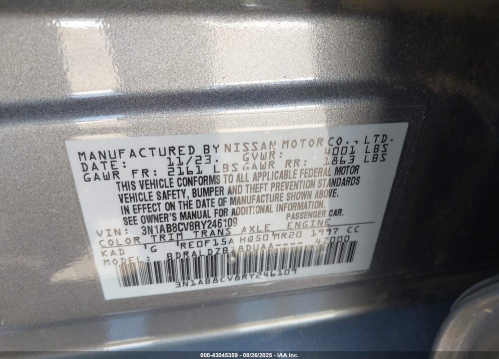 2024 NISSAN SENTRA SV XTRONIC CVT VIN: 3N1AB8CV8RY246109