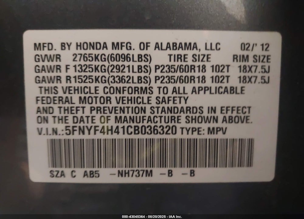 2012 HONDA PILOT EX VIN: 5FNYF4H41CB036320