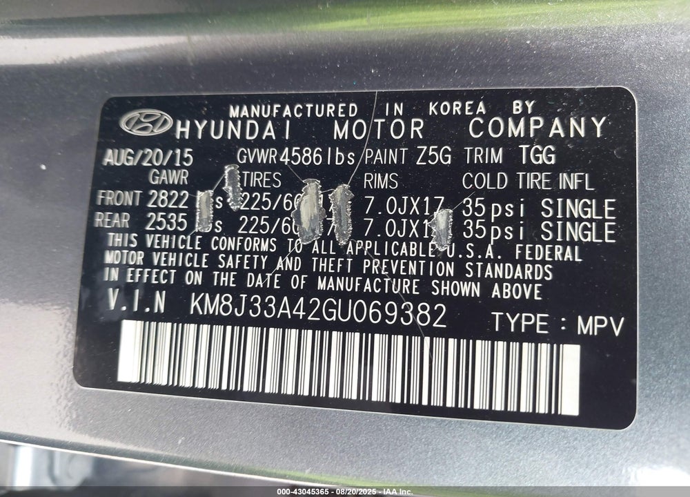 2016 HYUNDAI TUCSON SE VIN: KM8J33A42GU069382
