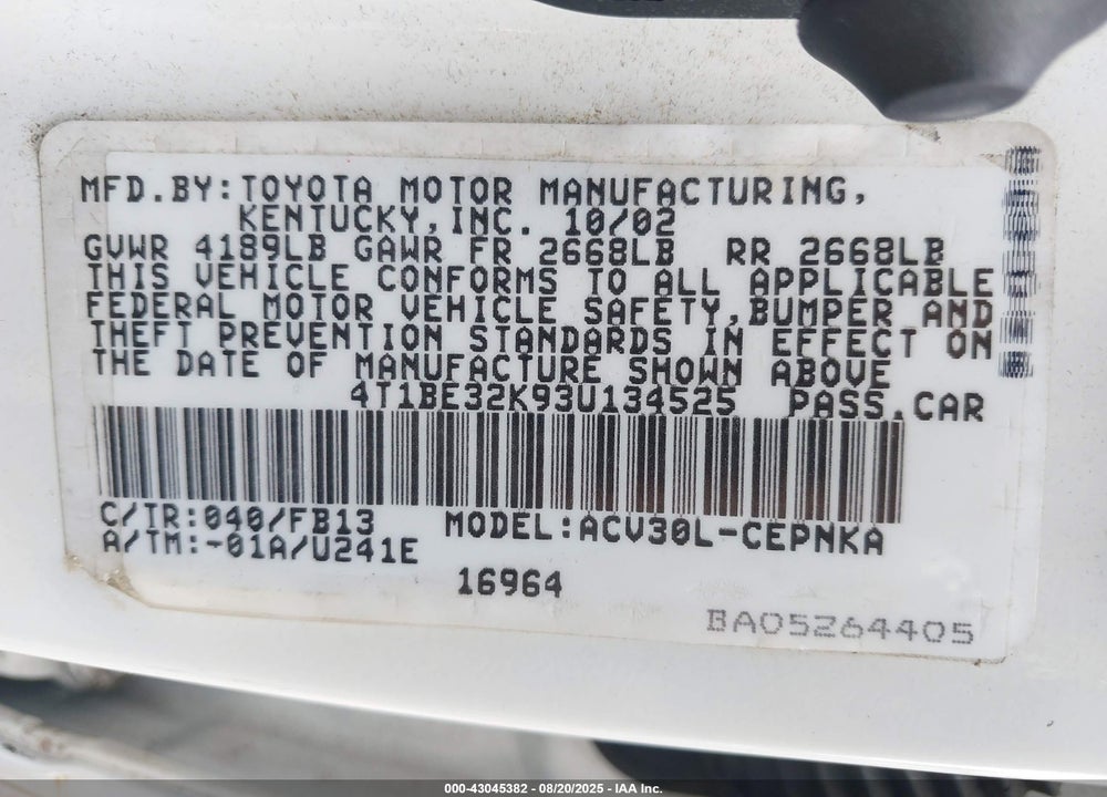 2003 TOYOTA CAMRY LE VIN: 4T1BE32K93U134525