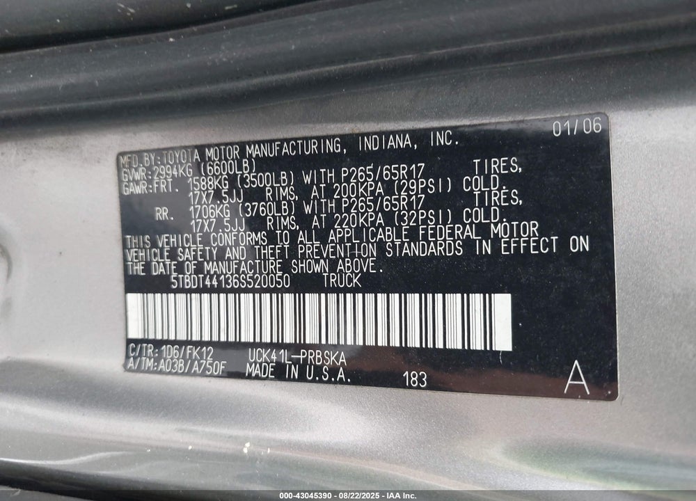 2006 TOYOTA TUNDRA SR5 V8 VIN: 5TBDT44136S520050