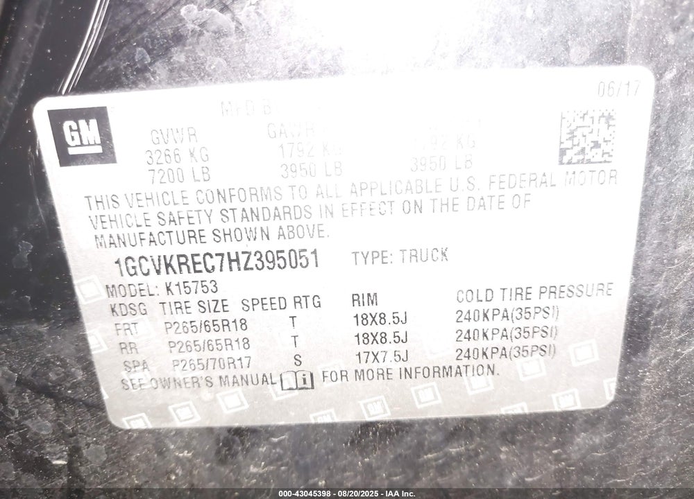 2017 CHEVROLET SILVERADO 1500 2LT VIN: 1GCVKREC7HZ395051
