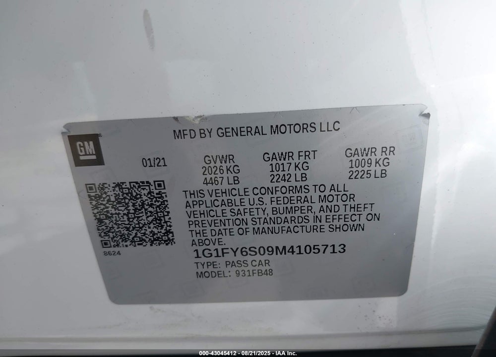 2021 CHEVROLET BOLT EV VIN: 1G1FY6S09M4105713