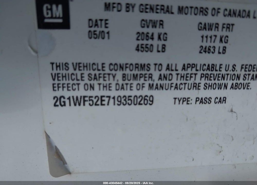 2001 CHEVROLET IMPALA VIN: 2G1WF52E719350269
