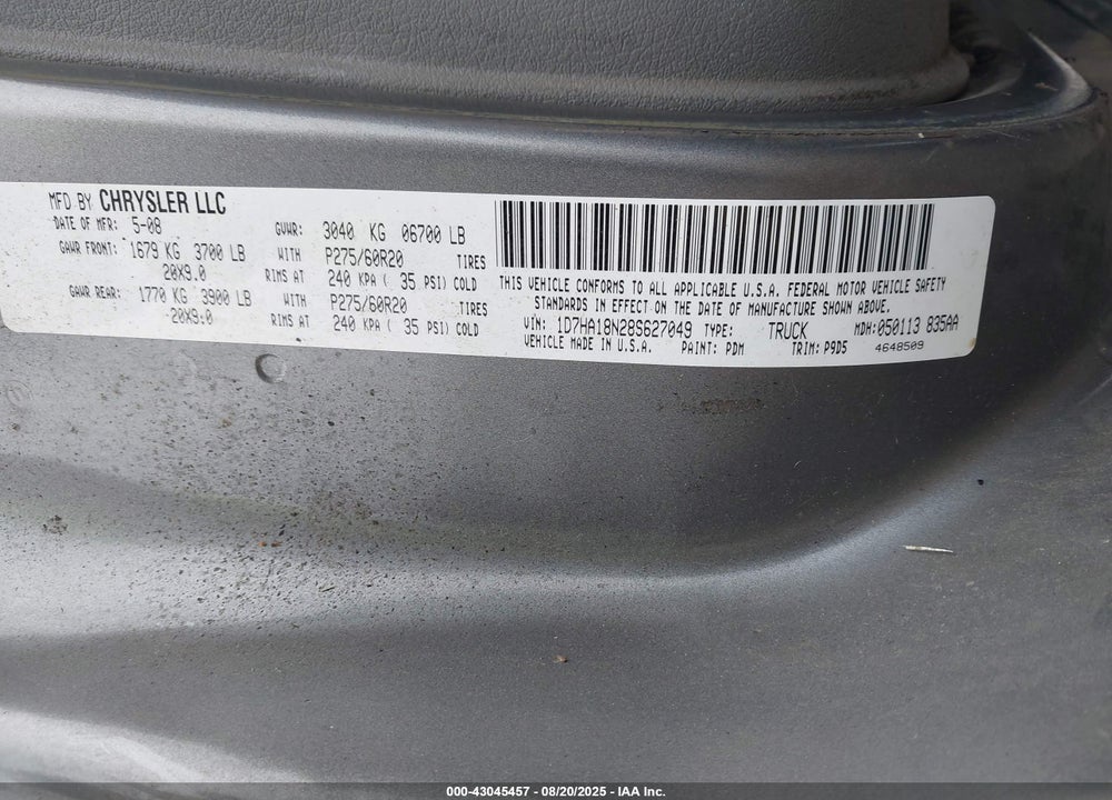 2008 DODGE RAM 1500 VIN: 1D7HA18N28S627049