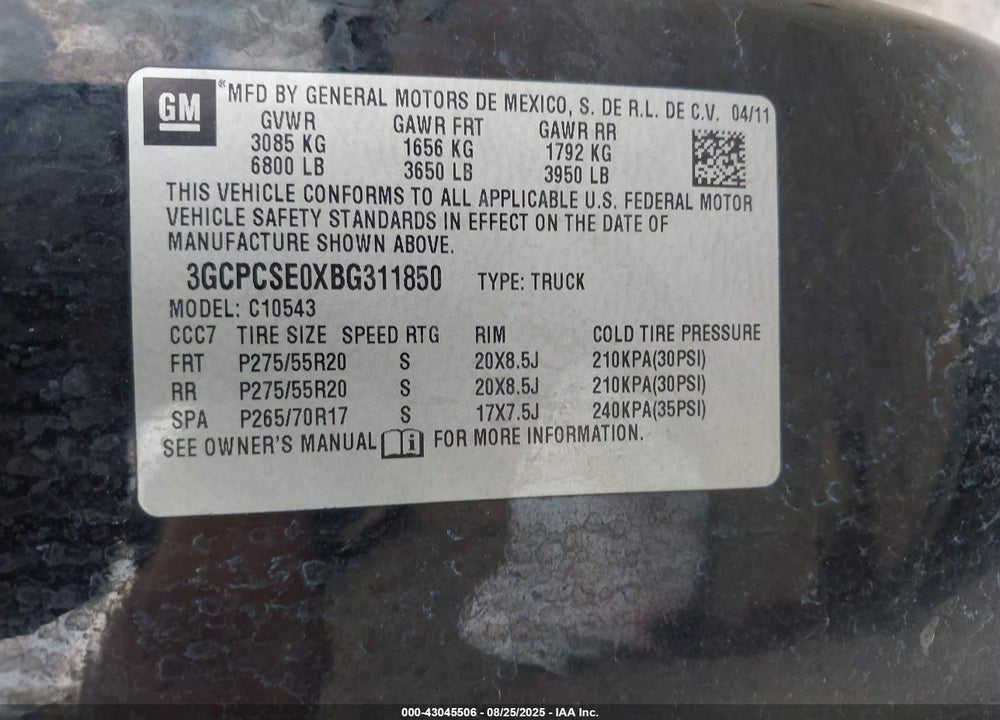 2011 CHEVROLET SILVERADO 1500 LT VIN: 3GCPCSE0XBG311850