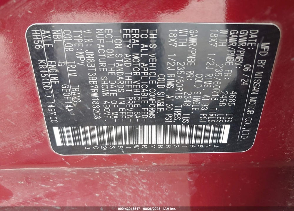 2024 NISSAN ROGUE VIN: JN8BT3BB7RW183203