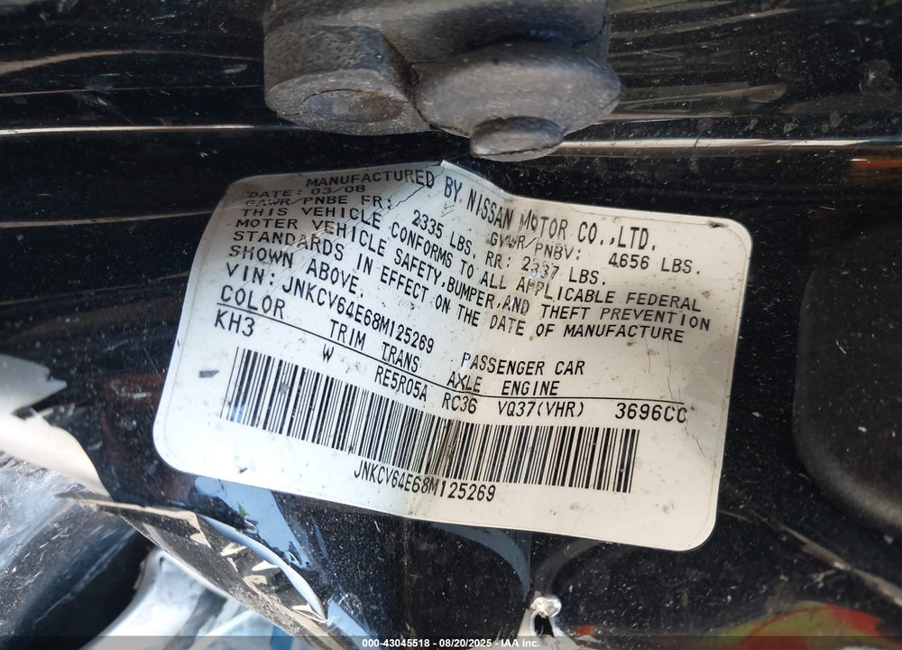 2008 INFINITI G37 JOURNEY VIN: JNKCV64E68M125269