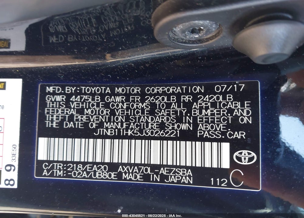 2018 TOYOTA CAMRY VIN: JTNB11HK5J3026221