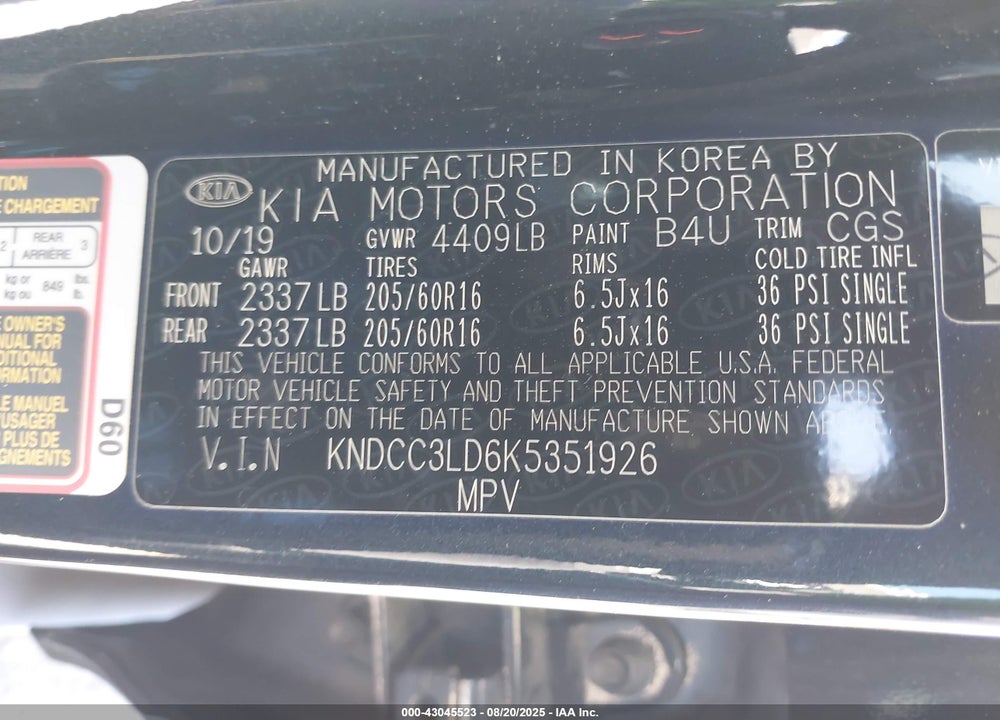 2019 KIA NIRO VIN: KNDCC3LD6K5351926