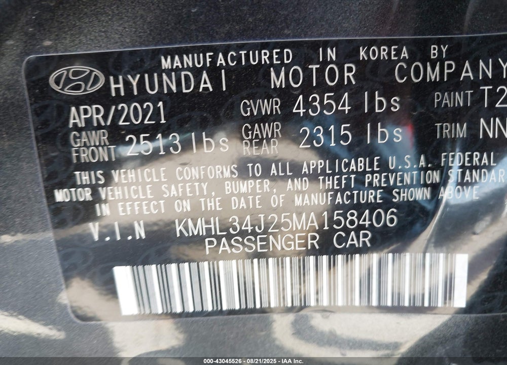 2021 HYUNDAI SONATA VIN: KMHL34J25MA158406