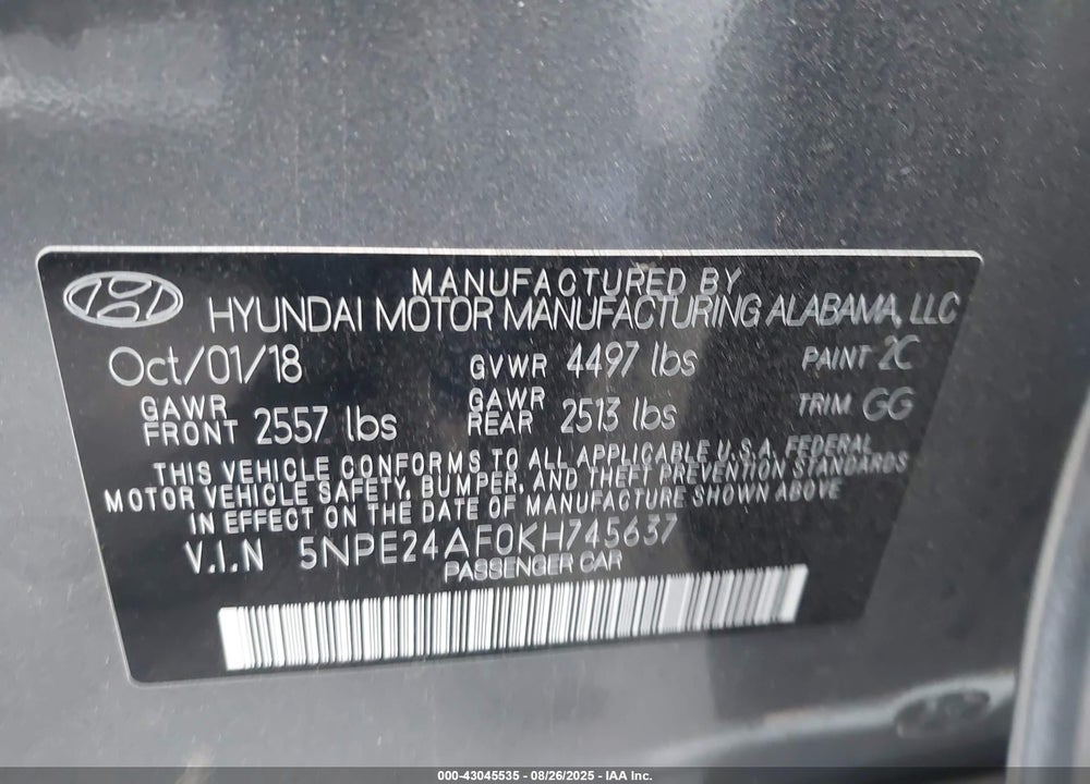 2019 HYUNDAI SONATA VIN: 5NPE24AF0KH745637