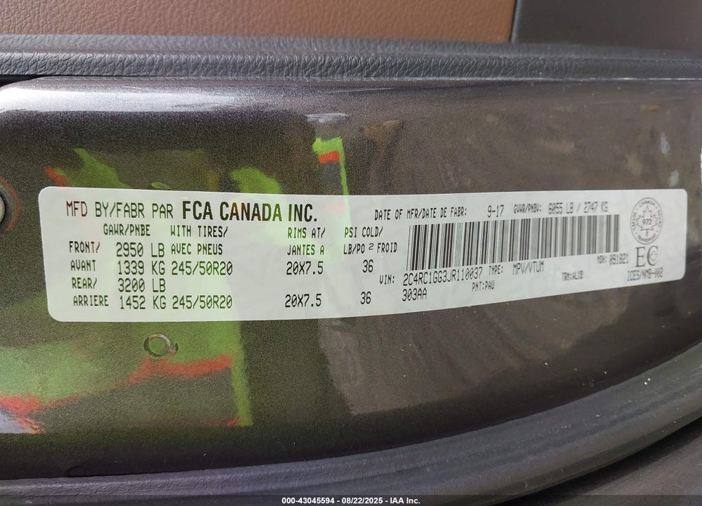 2018 CHRYSLER PACIFICA VIN: 2C4RC1GG3JR110037